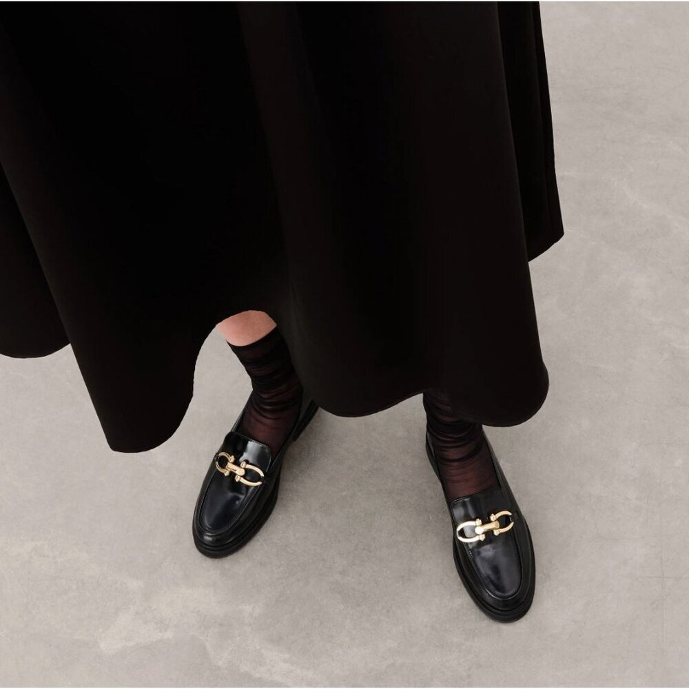 Flattered Samantha Black Leather Chunky Loafers Size 37 Minimalist Preppy